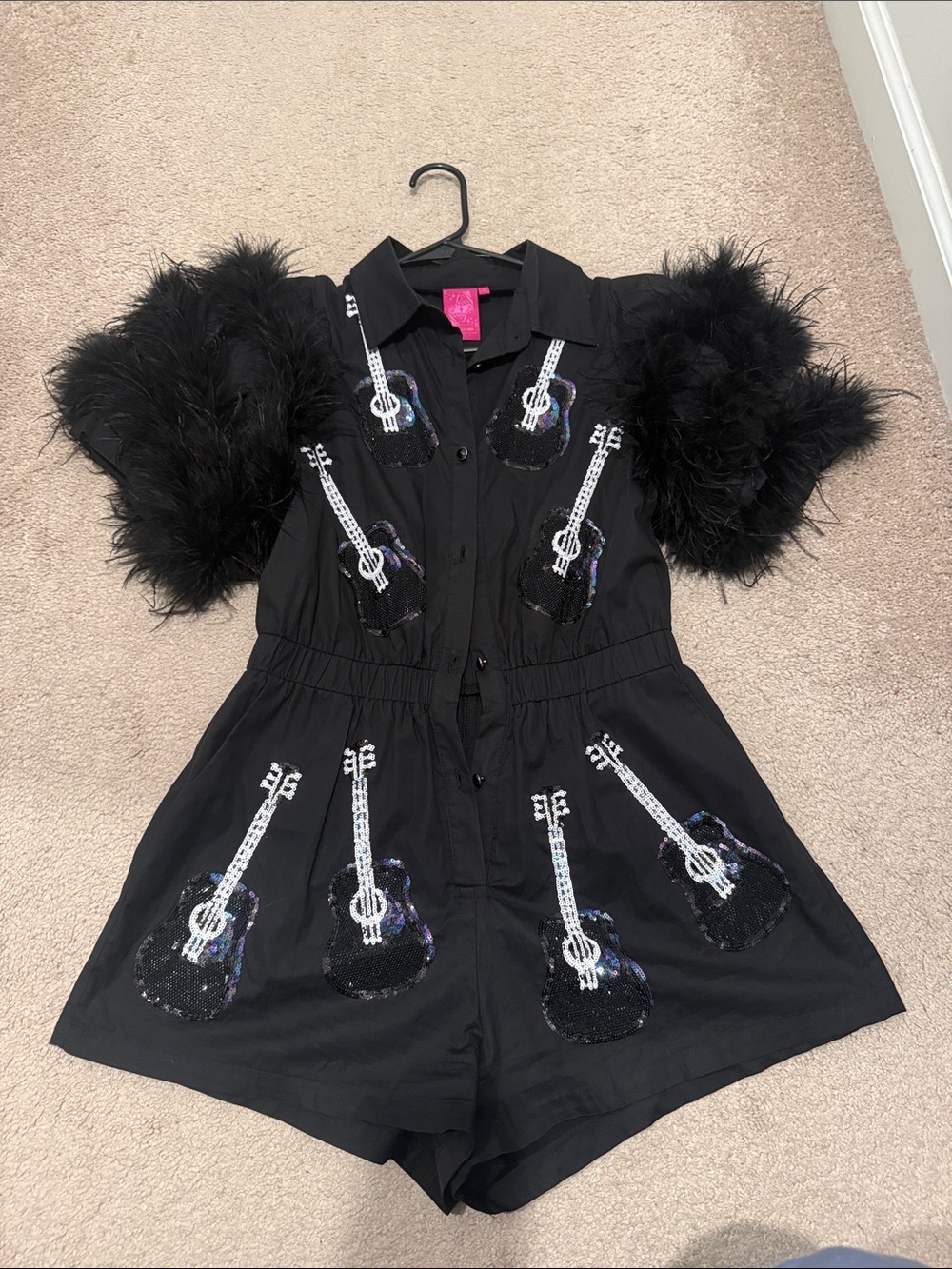 Queen of sparkles Black Guitar-Print Romper with Feathered Sleeves
